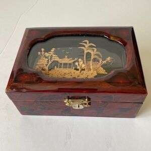 Chinese Cork Diorama Trinket Box Handcrafted in Wood Vintage